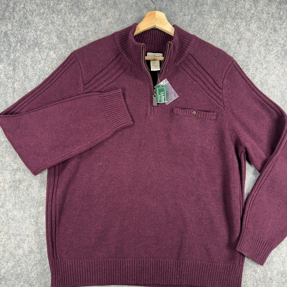 LL Bean Rangeley Sweater Mens Large‎ Purple Merino Wool 1/4 Zip Mock Neck - Picture 2 of 15